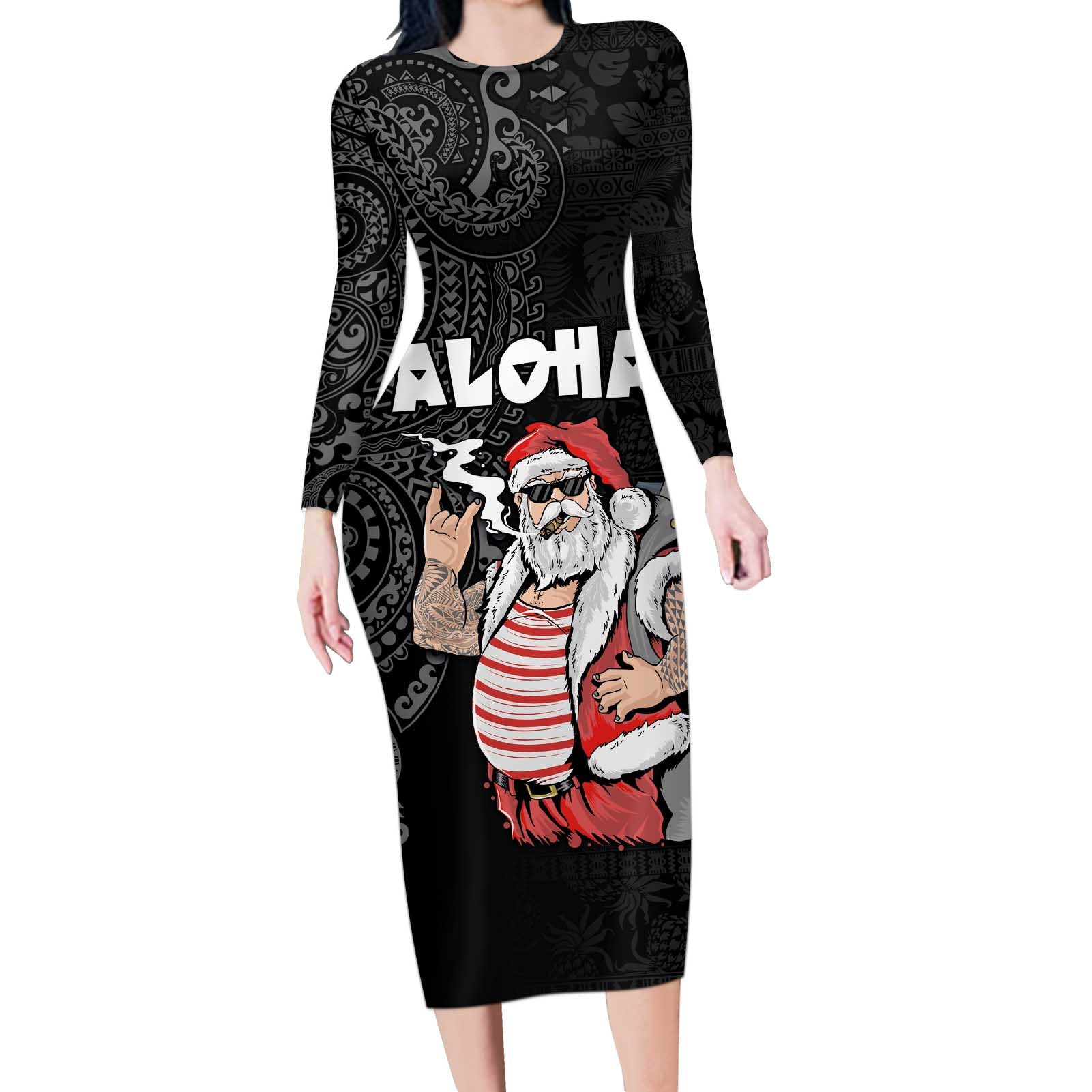 Hawaii Aloha Santa Claus Funny Polynesian Tattoo Long Sleeve Bodycon Dress Black Color