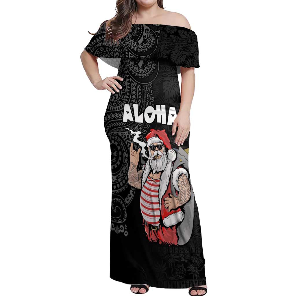 Hawaii Aloha Santa Claus Funny Polynesian Tattoo Off Shoulder Maxi Dress Black Color LT03 Women Black - Polynesian Pride