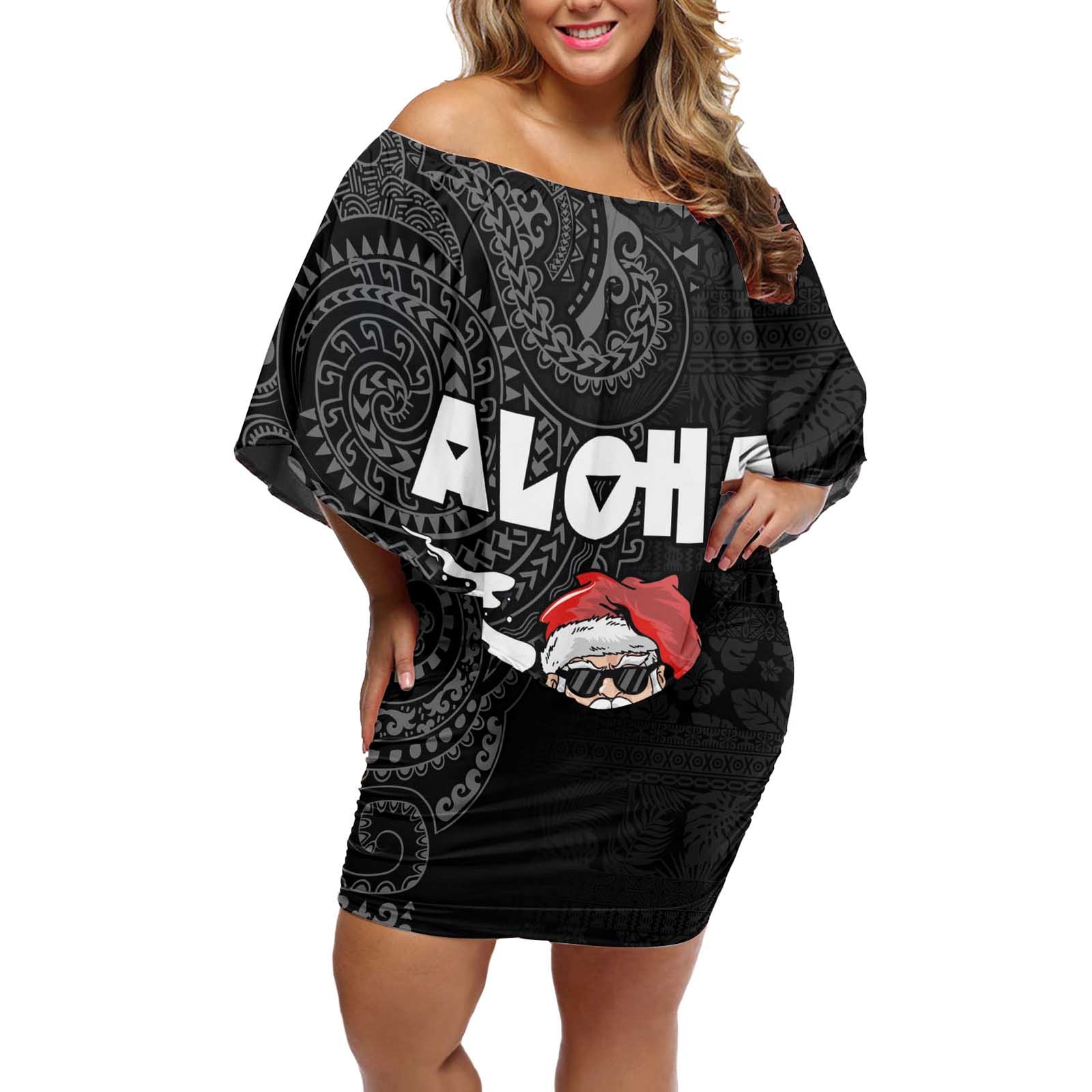 Hawaii Aloha Santa Claus Funny Polynesian Tattoo Off Shoulder Short Dress Black Color LT03 Women Black - Polynesian Pride