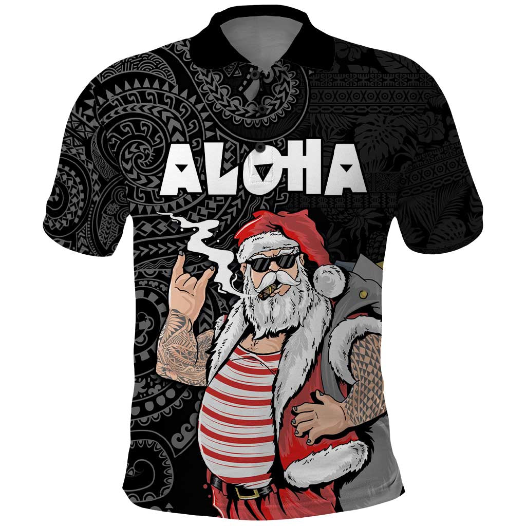 Hawaii Aloha Santa Claus Funny Polynesian Tattoo Polo Shirt Black Color