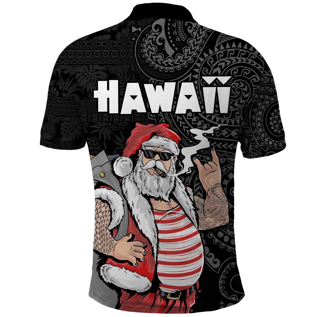 Hawaii Aloha Santa Claus Funny Polynesian Tattoo Polo Shirt Black Color