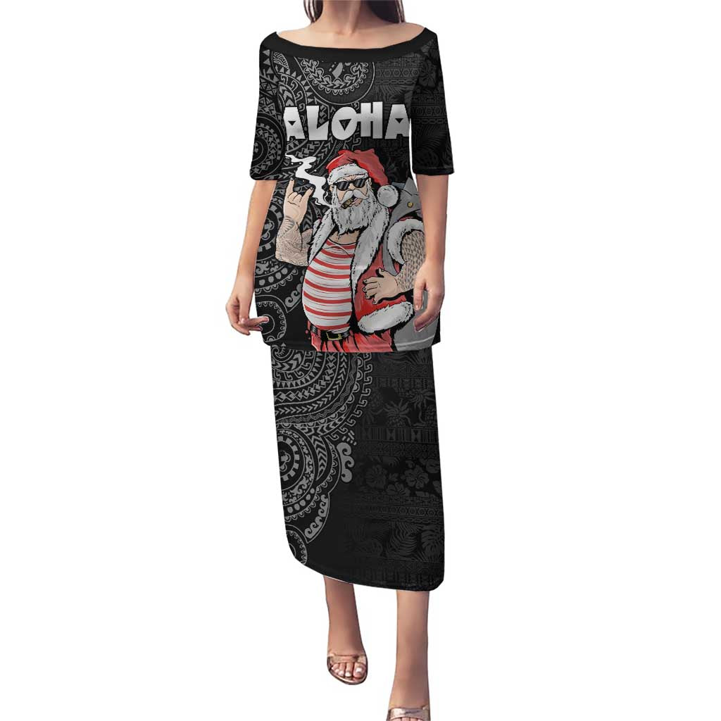 Hawaii Aloha Santa Claus Funny Polynesian Tattoo Puletasi Black Color LT03 Long Dress Black - Polynesian Pride