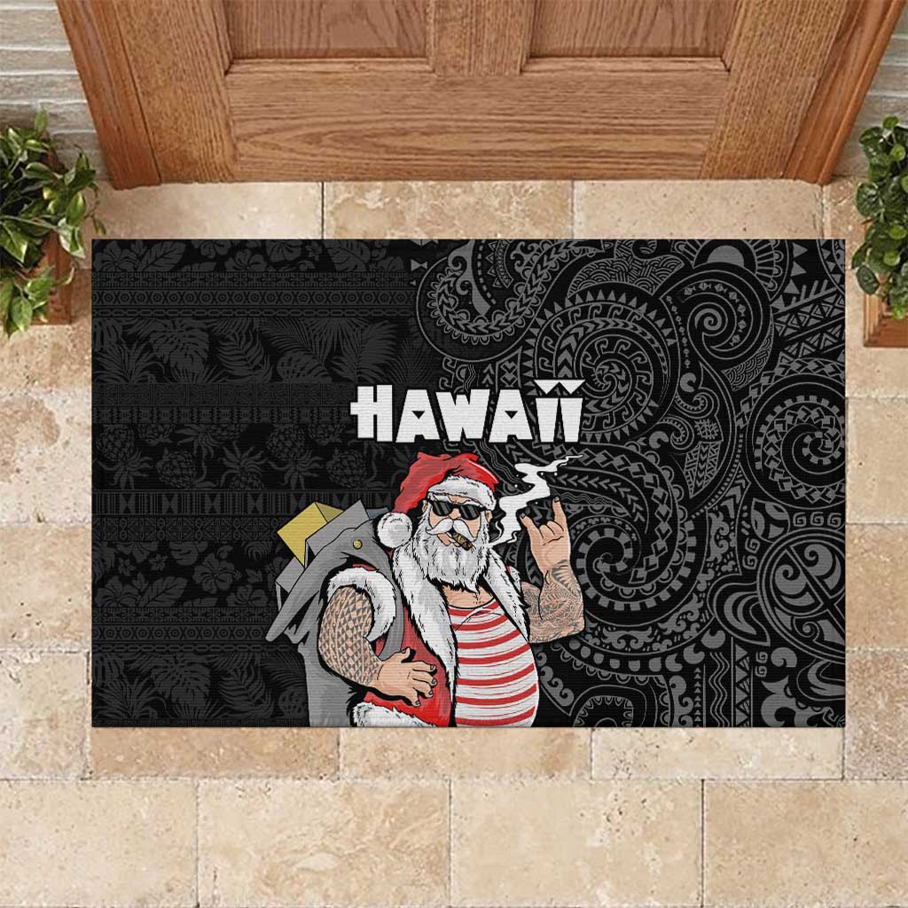 Hawaii Aloha Santa Claus Funny Polynesian Tattoo Rubber Doormat Black Color LT03 Black - Polynesian Pride
