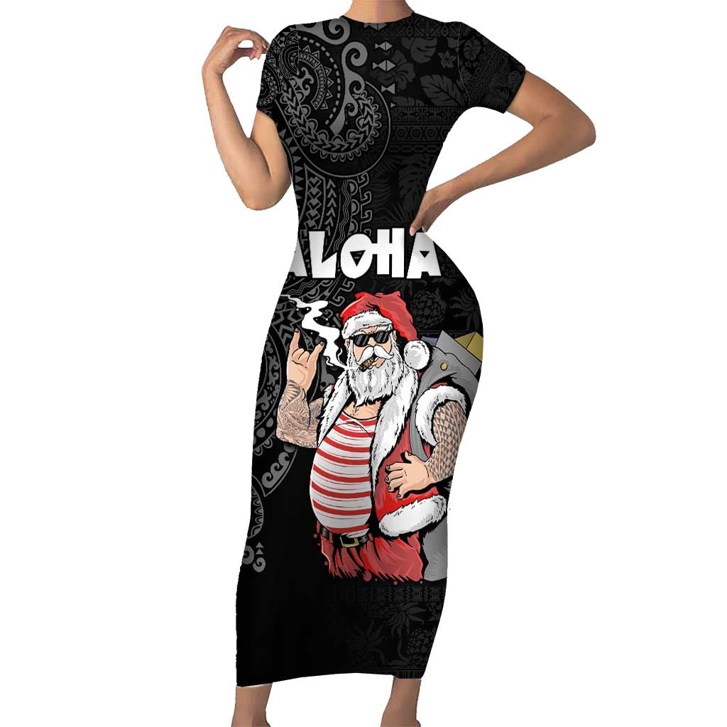 Hawaii Aloha Santa Claus Funny Polynesian Tattoo Short Sleeve Bodycon Dress Black Color