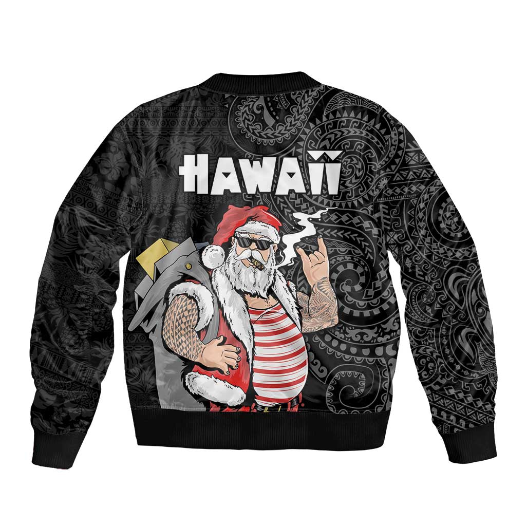 Hawaii Aloha Santa Claus Funny Polynesian Tattoo Sleeve Zip Bomber Jacket Black Color