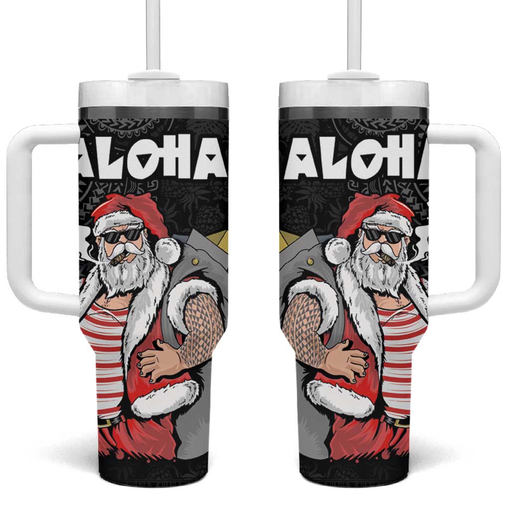 Hawaii Aloha Santa Claus Funny Polynesian Tattoo Tumbler With Handle Black Color