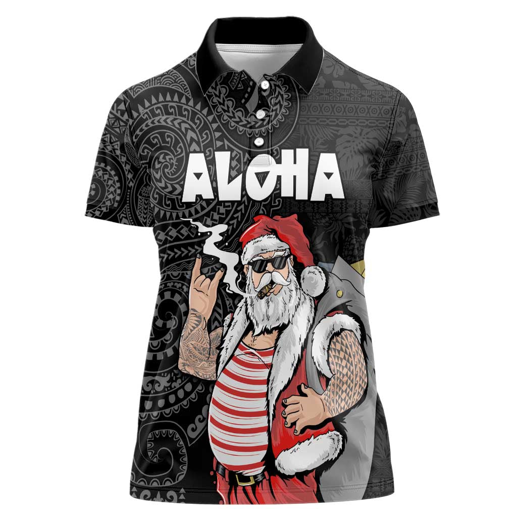 Hawaii Aloha Santa Claus Funny Polynesian Tattoo Women Polo Shirt Black Color