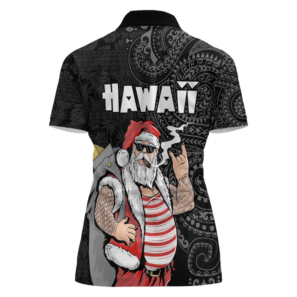 Hawaii Aloha Santa Claus Funny Polynesian Tattoo Women Polo Shirt Black Color