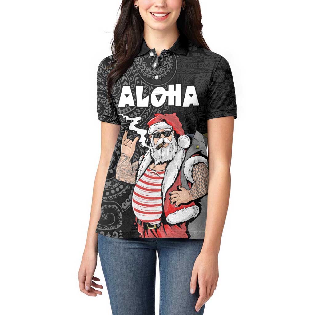 Hawaii Aloha Santa Claus Funny Polynesian Tattoo Women Polo Shirt Black Color