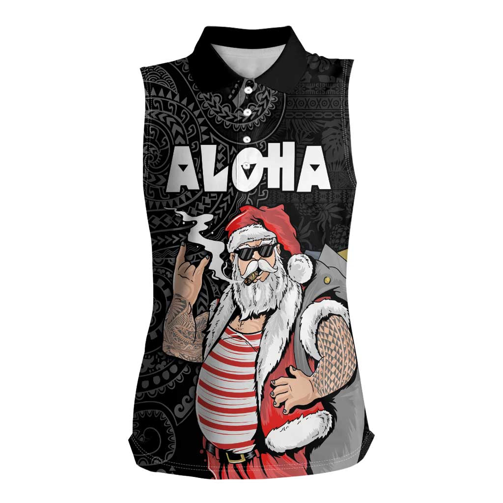 Hawaii Aloha Santa Claus Funny Polynesian Tattoo Women Sleeveless Polo Shirt Black Color