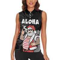 Hawaii Aloha Santa Claus Funny Polynesian Tattoo Women Sleeveless Polo Shirt Black Color