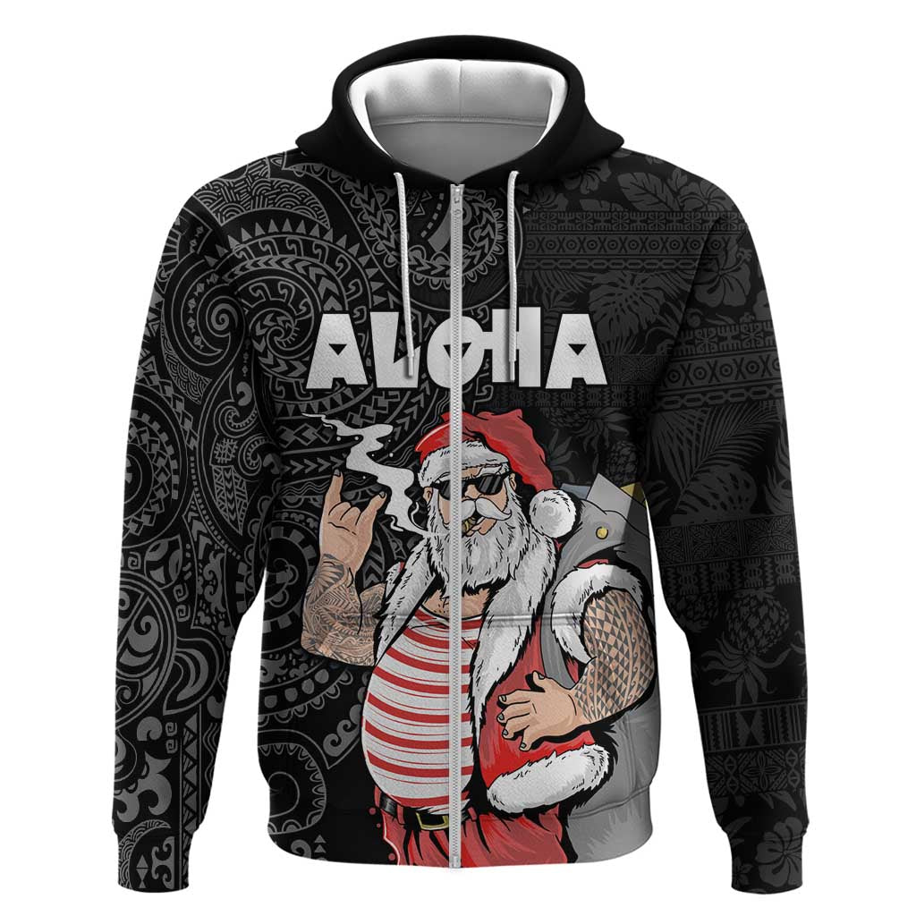 Hawaii Aloha Santa Claus Funny Polynesian Tattoo Zip Hoodie Black Color