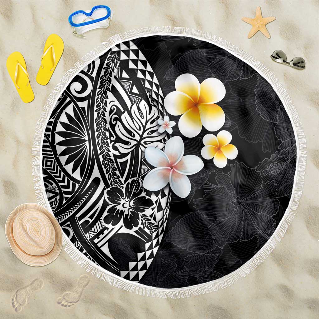 Hawaiian Hibiscus and Plumeria Polynesian Tribal Tattoo Beach Blanket Black Color LT03 One Size 150cm Black - Polynesian Pride