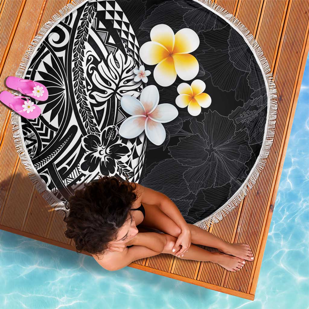 Hawaiian Hibiscus and Plumeria Polynesian Tribal Tattoo Beach Blanket Black Color LT03 - Polynesian Pride