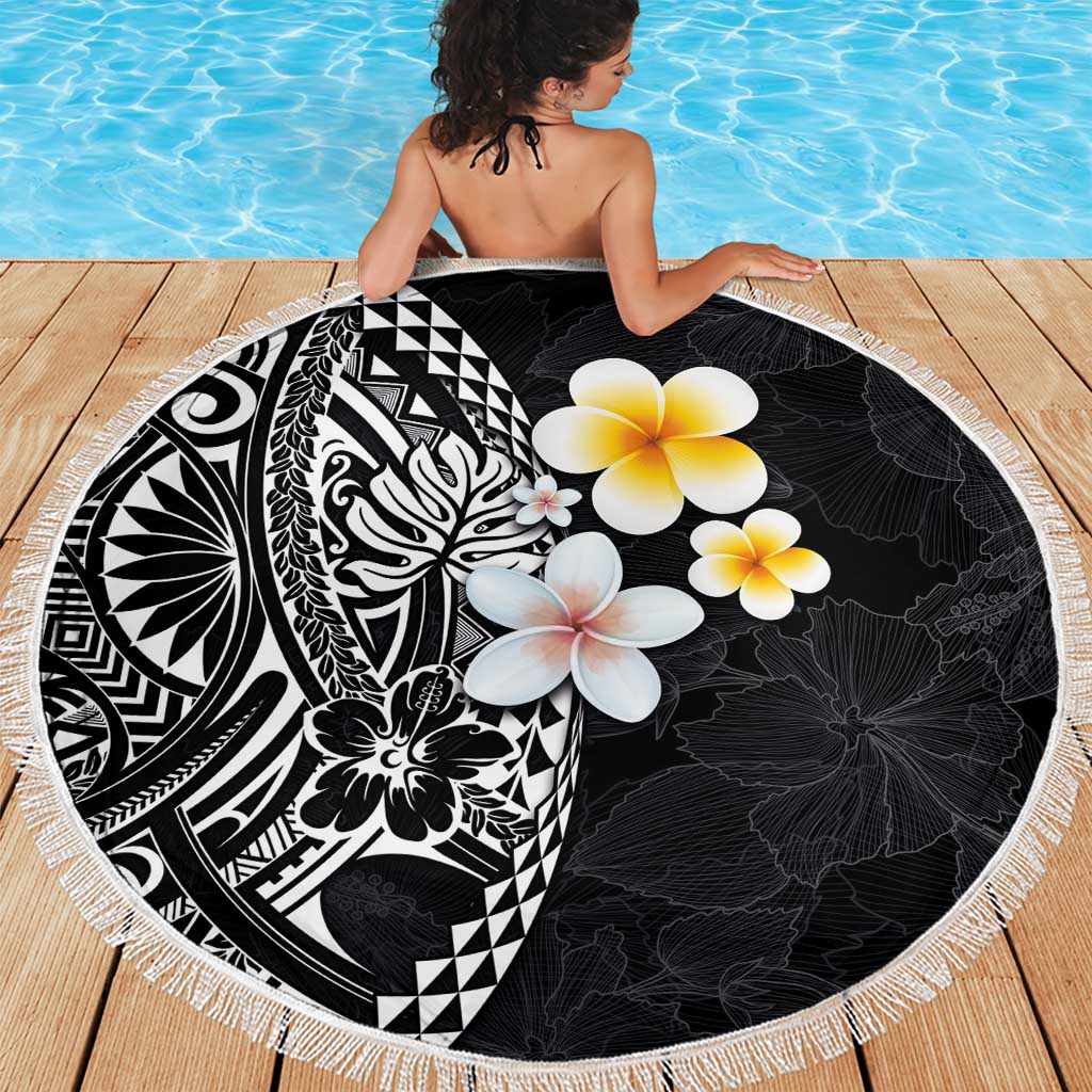 Hawaiian Hibiscus and Plumeria Polynesian Tribal Tattoo Beach Blanket Black Color LT03 - Polynesian Pride