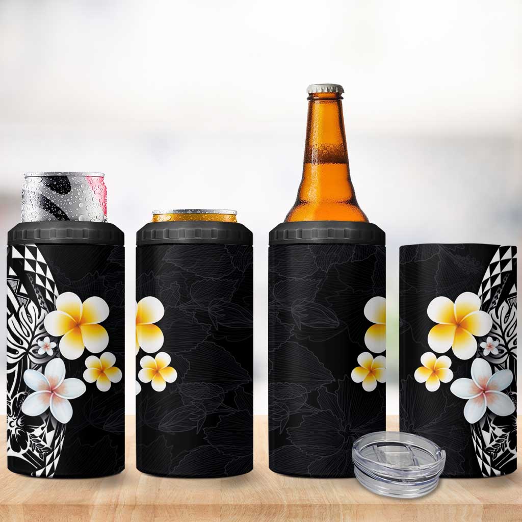 Hawaiian Hibiscus and Plumeria Polynesian Tribal Tattoo 4 in 1 Can Cooler Tumbler Black Color