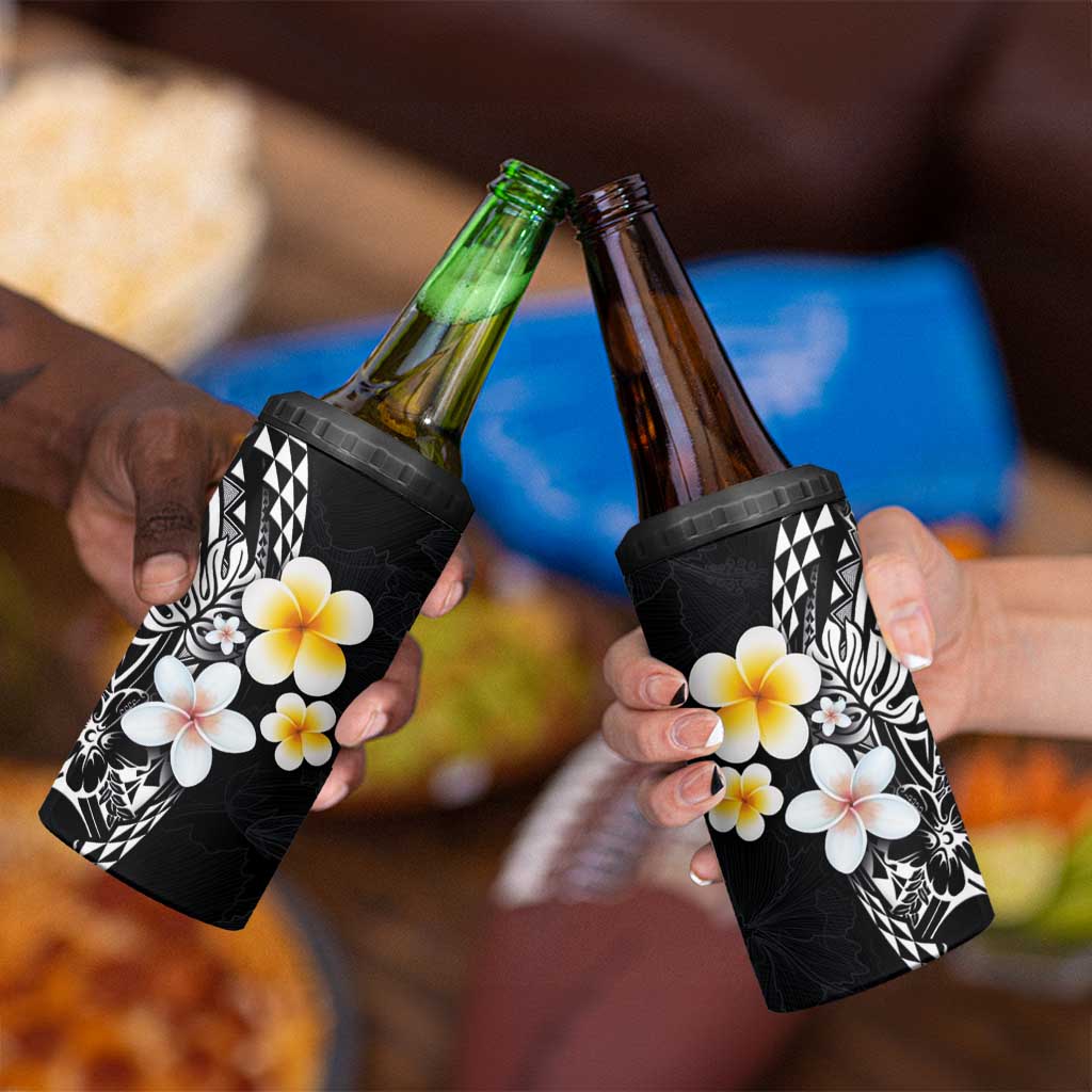 Hawaiian Hibiscus and Plumeria Polynesian Tribal Tattoo 4 in 1 Can Cooler Tumbler Black Color