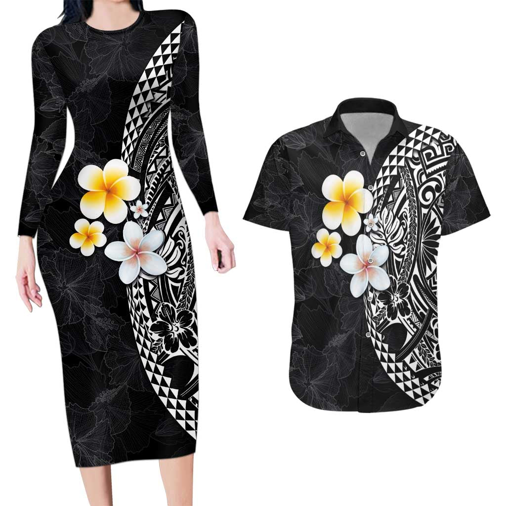Hawaiian Hibiscus and Plumeria Polynesian Tribal Tattoo Couples Matching Long Sleeve Bodycon Dress and Hawaiian Shirt Black Color LT03 Black - Polynesian Pride
