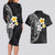 Hawaiian Hibiscus and Plumeria Polynesian Tribal Tattoo Couples Matching Long Sleeve Bodycon Dress and Hawaiian Shirt Black Color