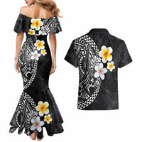 Hawaiian Hibiscus and Plumeria Polynesian Tribal Tattoo Couples Matching Mermaid Dress and Hawaiian Shirt Black Color