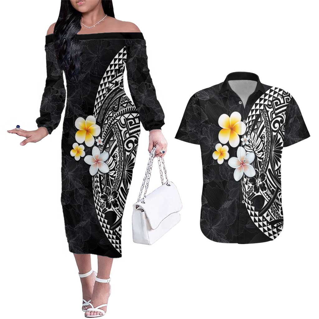 Hawaiian Hibiscus and Plumeria Polynesian Tribal Tattoo Couples Matching Off The Shoulder Long Sleeve Dress and Hawaiian Shirt Black Color LT03 Black - Polynesian Pride