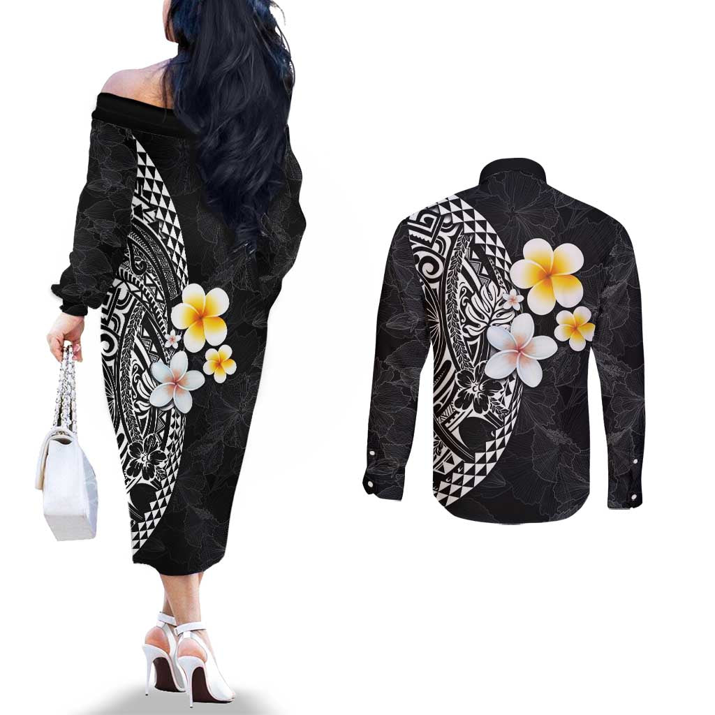 Hawaiian Hibiscus and Plumeria Polynesian Tribal Tattoo Couples Matching Off The Shoulder Long Sleeve Dress and Long Sleeve Button Shirt Black Color