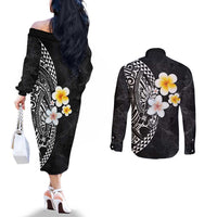 Hawaiian Hibiscus and Plumeria Polynesian Tribal Tattoo Couples Matching Off The Shoulder Long Sleeve Dress and Long Sleeve Button Shirt Black Color