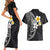 Hawaiian Hibiscus and Plumeria Polynesian Tribal Tattoo Couples Matching Short Sleeve Bodycon Dress and Hawaiian Shirt Black Color