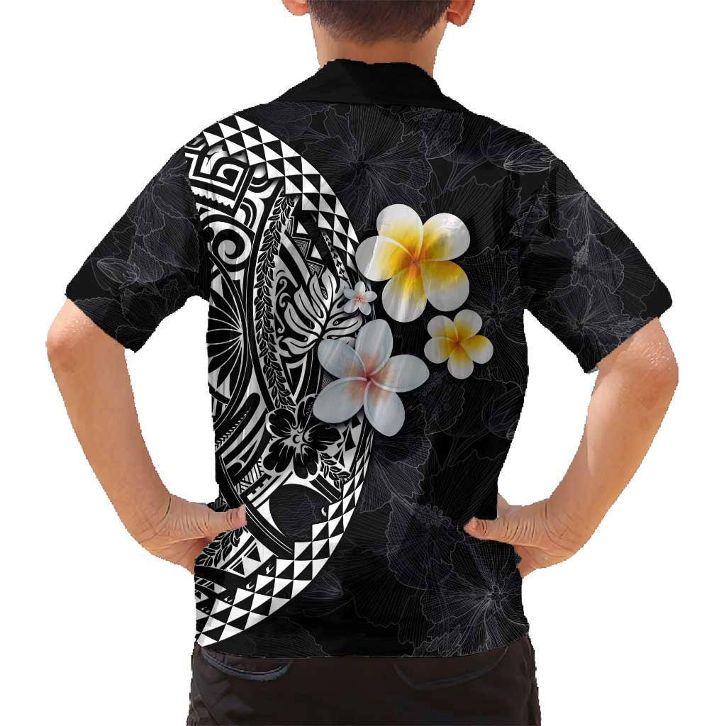 Hawaiian Hibiscus and Plumeria Polynesian Tribal Tattoo Family Matching Long Sleeve Bodycon Dress and Hawaiian Shirt Black Color