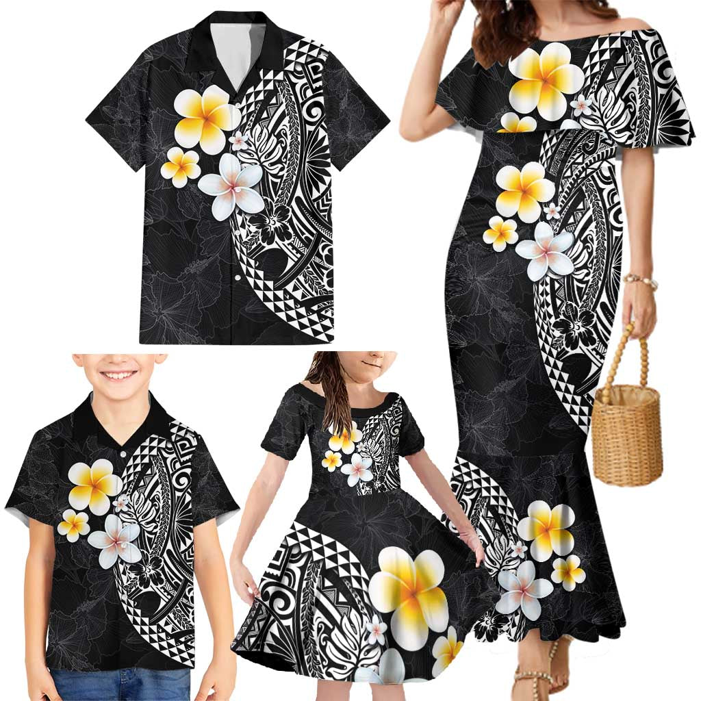 Hawaiian Hibiscus and Plumeria Polynesian Tribal Tattoo Family Matching Mermaid Dress and Hawaiian Shirt Black Color