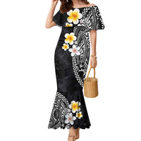Hawaiian Hibiscus and Plumeria Polynesian Tribal Tattoo Family Matching Mermaid Dress and Hawaiian Shirt Black Color