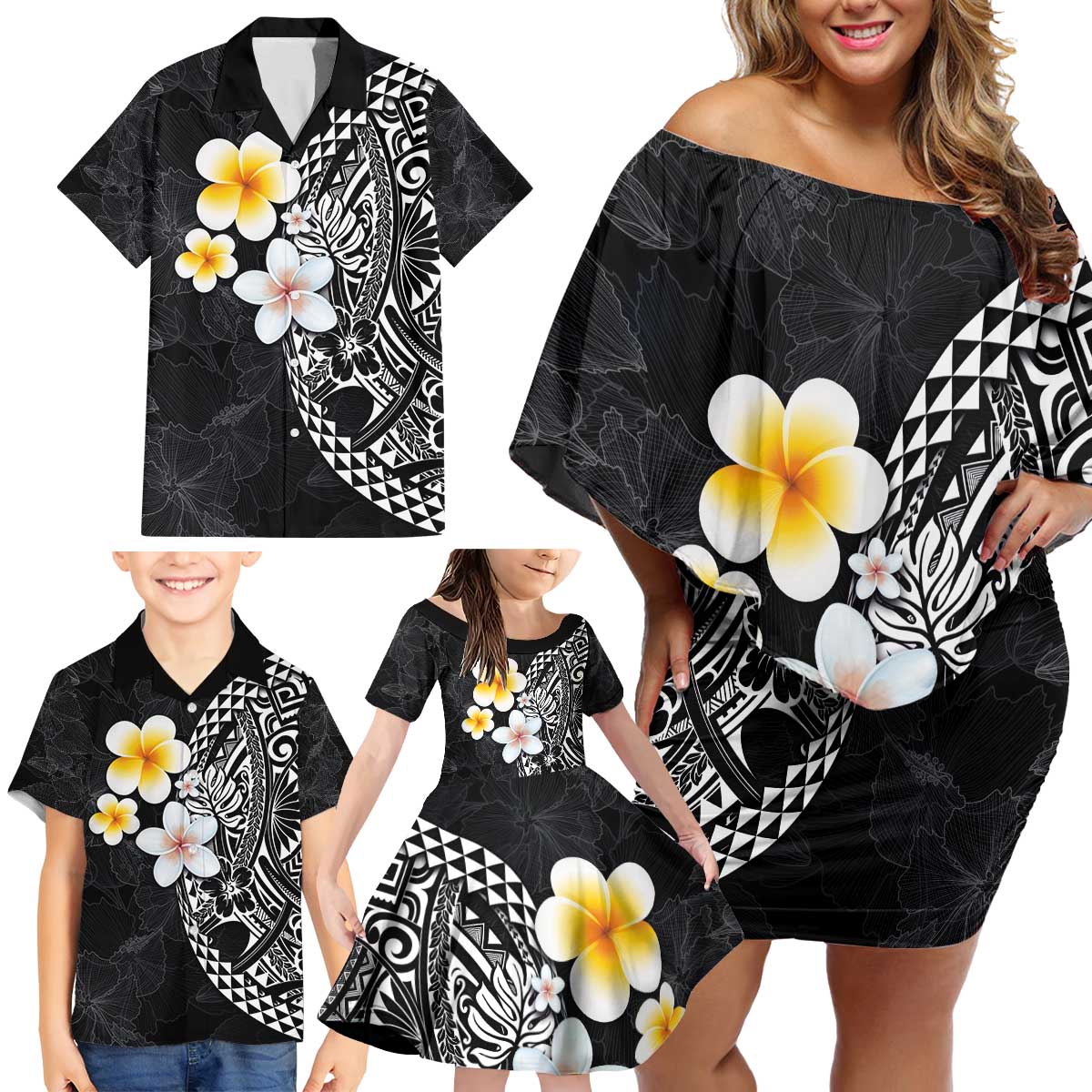 Hawaiian Hibiscus and Plumeria Polynesian Tribal Tattoo Family Matching Off Shoulder Short Dress and Hawaiian Shirt Black Color
