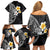 Hawaiian Hibiscus and Plumeria Polynesian Tribal Tattoo Family Matching Off Shoulder Short Dress and Hawaiian Shirt Black Color