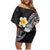 Hawaiian Hibiscus and Plumeria Polynesian Tribal Tattoo Family Matching Off Shoulder Short Dress and Hawaiian Shirt Black Color