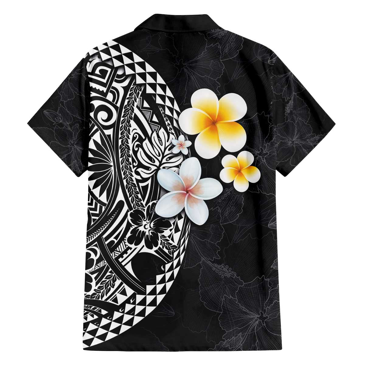 Hawaiian Hibiscus and Plumeria Polynesian Tribal Tattoo Family Matching Puletasi and Hawaiian Shirt Black Color