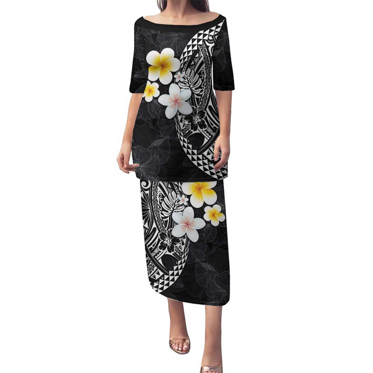 Hawaiian Hibiscus and Plumeria Polynesian Tribal Tattoo Family Matching Puletasi and Hawaiian Shirt Black Color