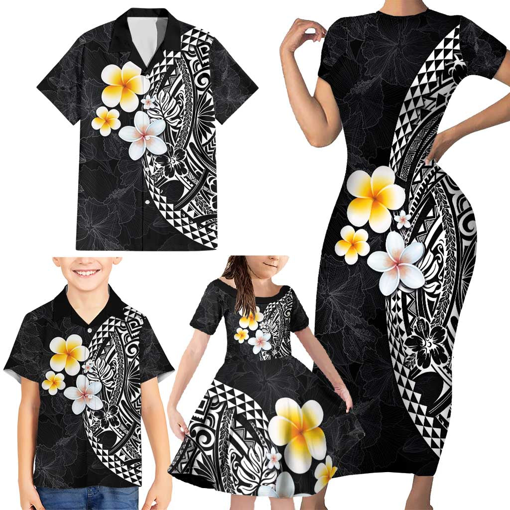 Hawaiian Hibiscus and Plumeria Polynesian Tribal Tattoo Family Matching Short Sleeve Bodycon Dress and Hawaiian Shirt Black Color