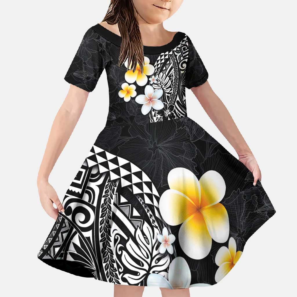 Hawaiian Hibiscus and Plumeria Polynesian Tribal Tattoo Family Matching Summer Maxi Dress and Hawaiian Shirt Black Color