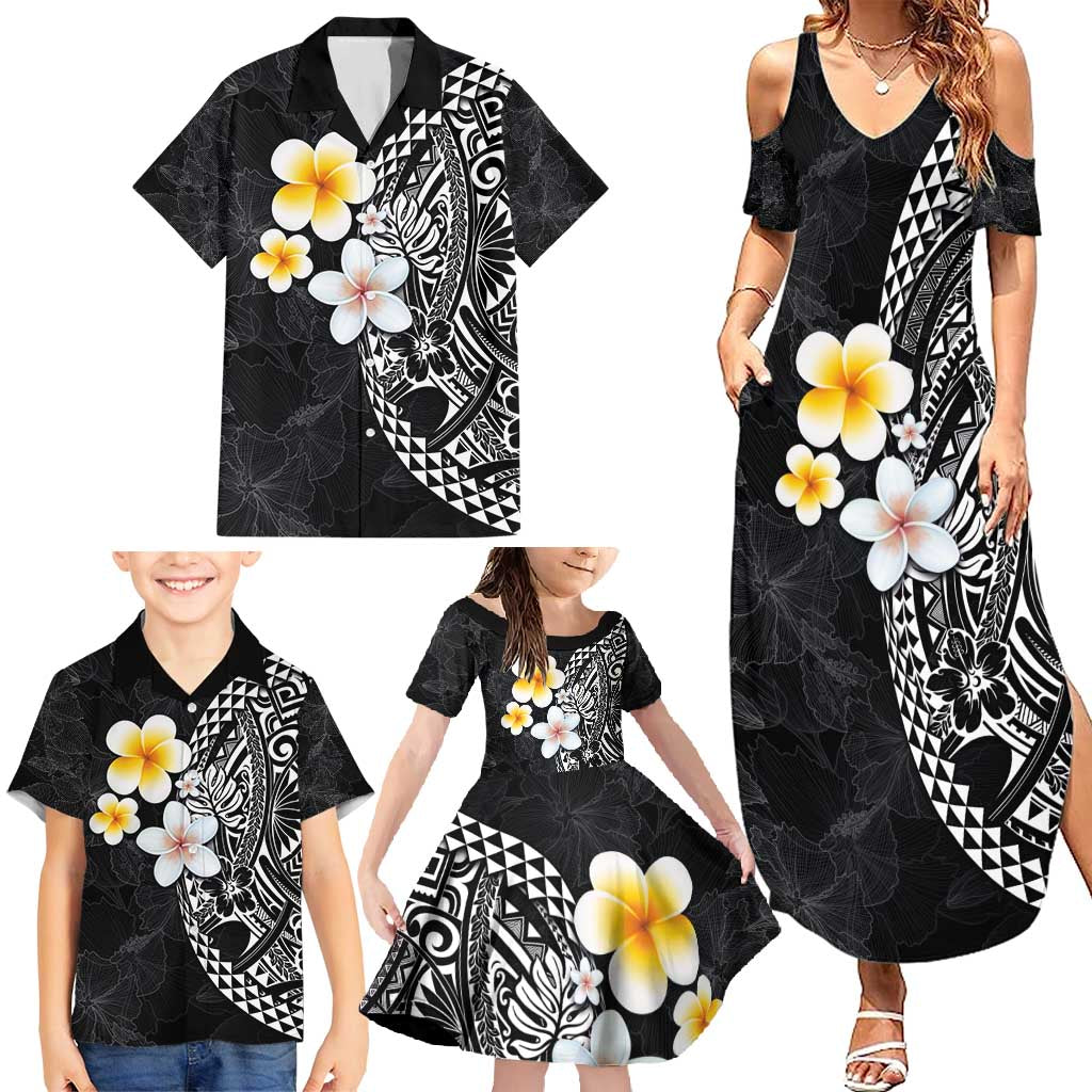 Hawaiian Hibiscus and Plumeria Polynesian Tribal Tattoo Family Matching Summer Maxi Dress and Hawaiian Shirt Black Color