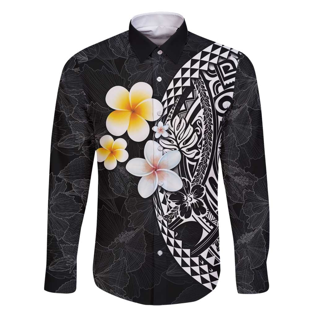 Hawaiian Hibiscus and Plumeria Polynesian Tribal Tattoo Family Matching Tank Maxi Dress and Hawaiian Shirt Black Color