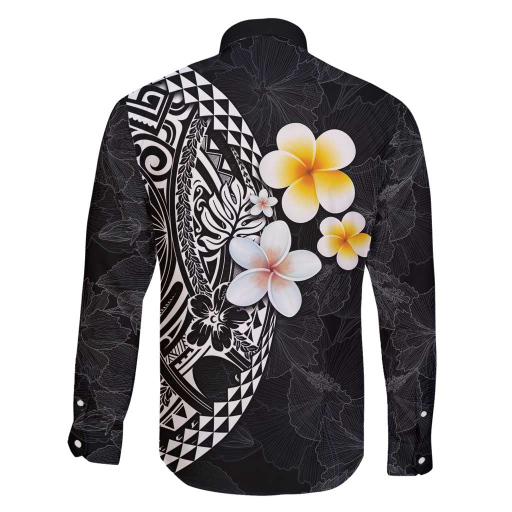 Hawaiian Hibiscus and Plumeria Polynesian Tribal Tattoo Family Matching Tank Maxi Dress and Hawaiian Shirt Black Color