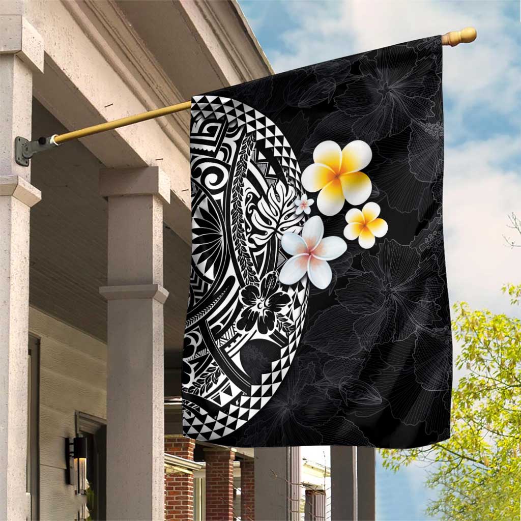 Hawaiian Hibiscus and Plumeria Polynesian Tribal Tattoo Garden Flag Black Color