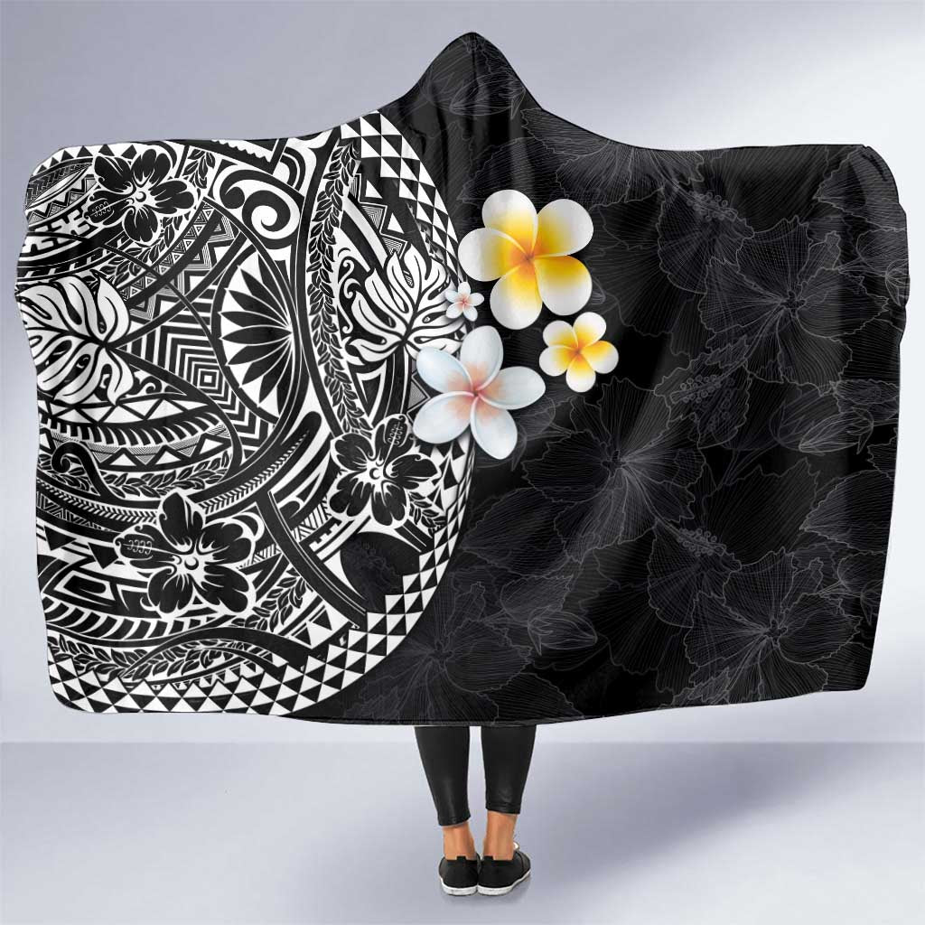 Hawaiian Hibiscus and Plumeria Polynesian Tribal Tattoo Hooded Blanket Black Color LT03 One Size Black - Polynesian Pride