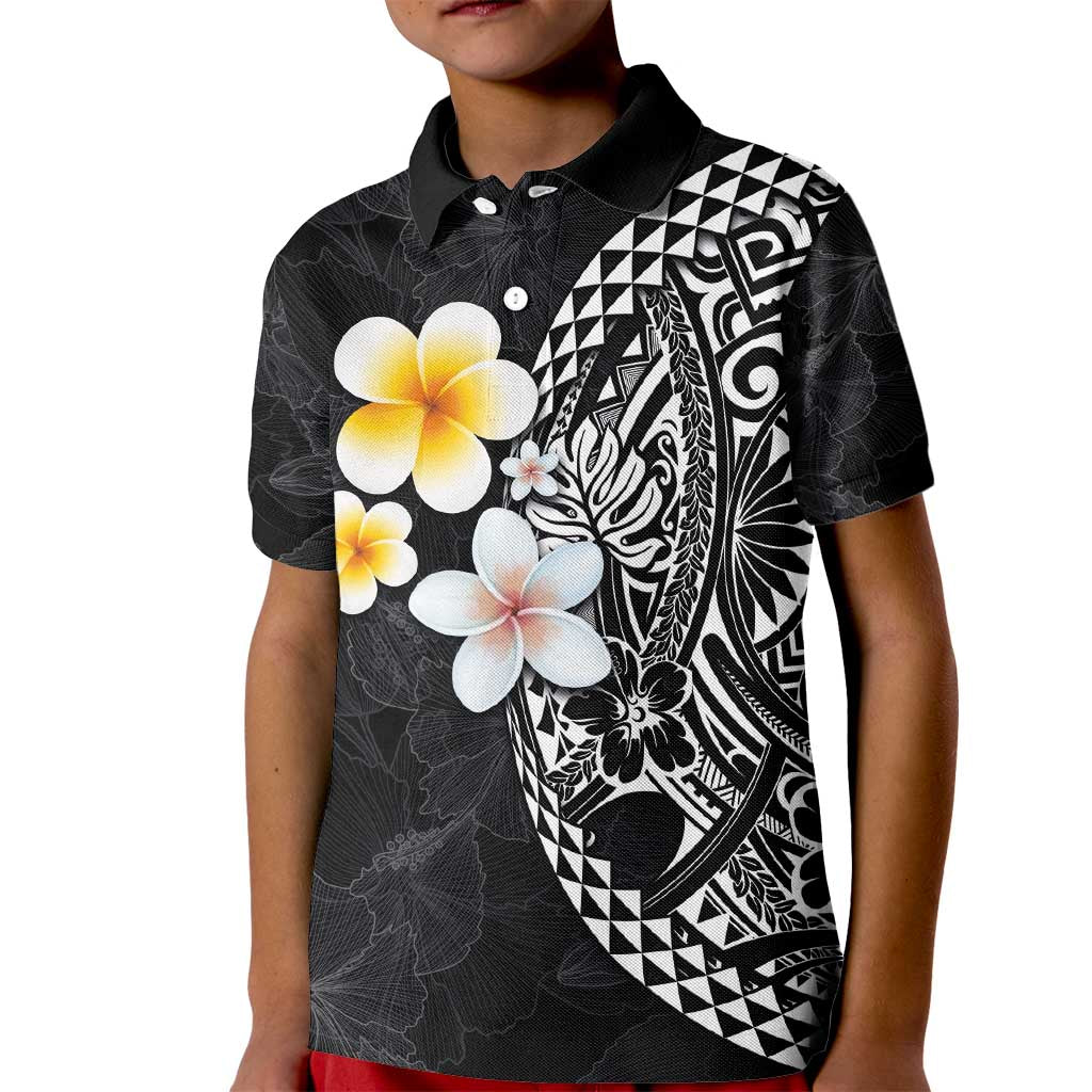 Hawaiian Hibiscus and Plumeria Polynesian Tribal Tattoo Kid Polo Shirt Black Color