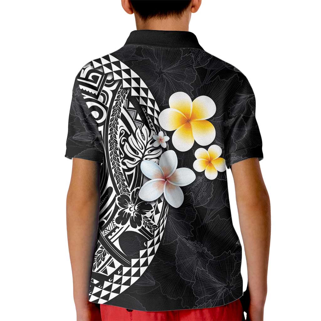 Hawaiian Hibiscus and Plumeria Polynesian Tribal Tattoo Kid Polo Shirt Black Color