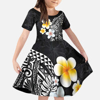 Hawaiian Hibiscus and Plumeria Polynesian Tribal Tattoo Kid Short Sleeve Dress Black Color
