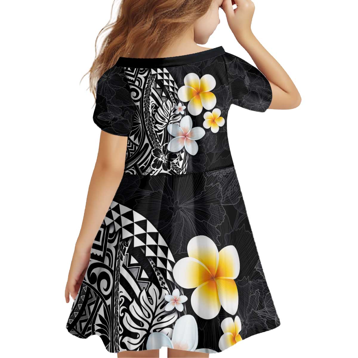 Hawaiian Hibiscus and Plumeria Polynesian Tribal Tattoo Kid Short Sleeve Dress Black Color