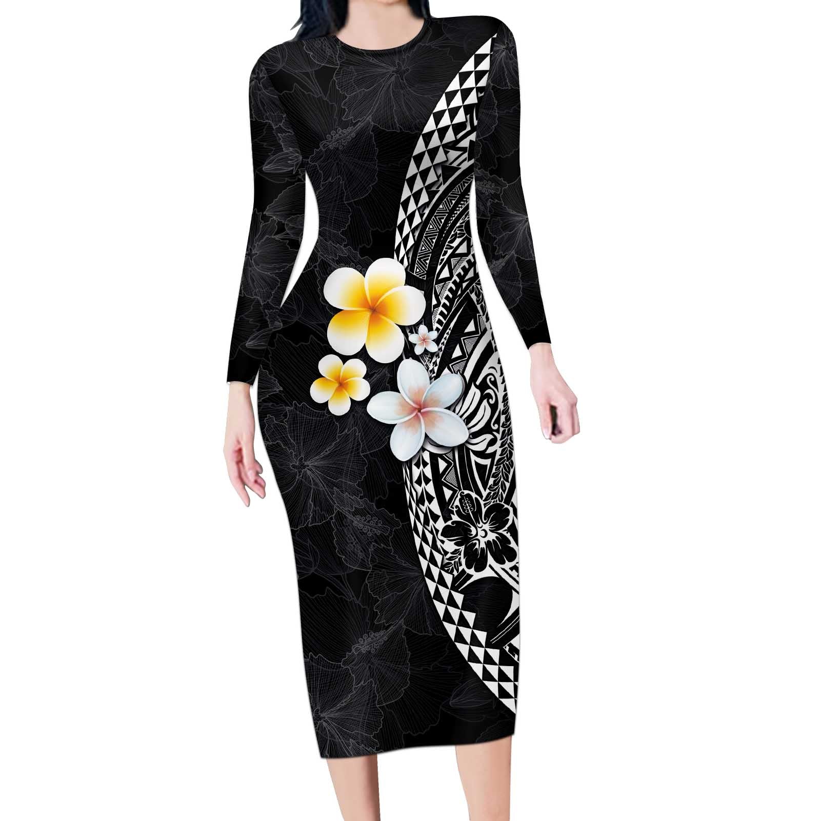 Hawaiian Hibiscus and Plumeria Polynesian Tribal Tattoo Long Sleeve Bodycon Dress Black Color