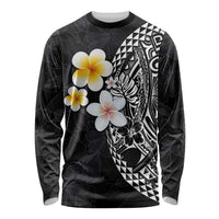 Hawaiian Hibiscus and Plumeria Polynesian Tribal Tattoo Long Sleeve Shirt Black Color