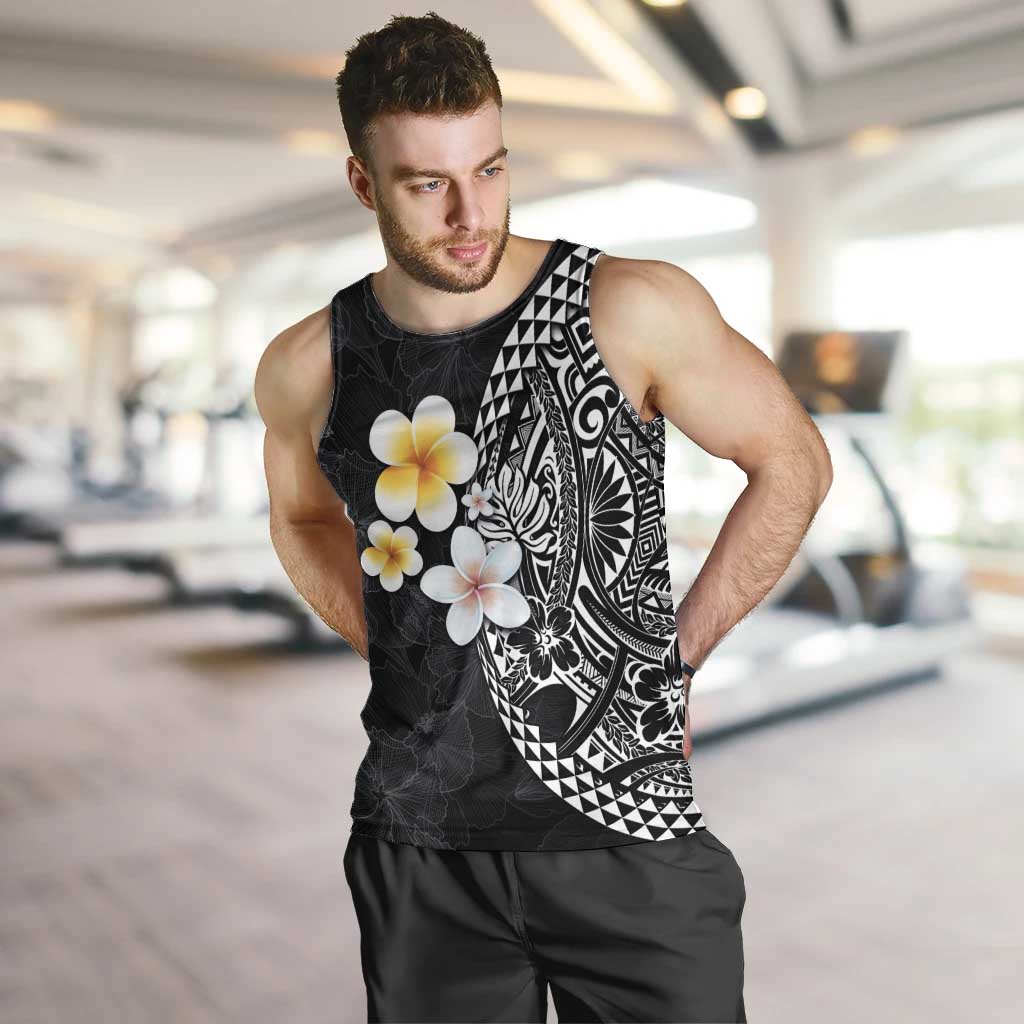 Hawaiian Hibiscus and Plumeria Polynesian Tribal Tattoo Men Tank Top Black Color